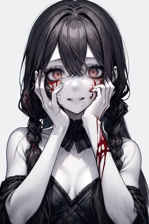 (masterpiece:1.2, Highest quality), (Actual Photos, Intricate details), (1 female, alone, Upper Body, Small breasts) ,Eyes Wide Open、Scary atmosphere、Distorted facial expressions、Twisted Smile、Covered in blood、Blood from the head、Blood splatter、whole body、Punk Fashion、Long Hair、Long bangs、Twin tails、Black Hair、(((Dark circles under the eyes)))、Pale skin、Feeling unwell、Pathological、Wicked Smile、Crazy Eyes、(Grin)Dramatic makeup,Create mixed media art、White Background