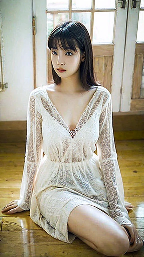 cute beautiful girl, 17 years old, her hair is a hime model, her skin is pure white, her breasts are round and firm, wearing a nightgown, her body is sexy, in the room, RAW, 8K, 12K, perfect masterpiece, lighting, realistic,