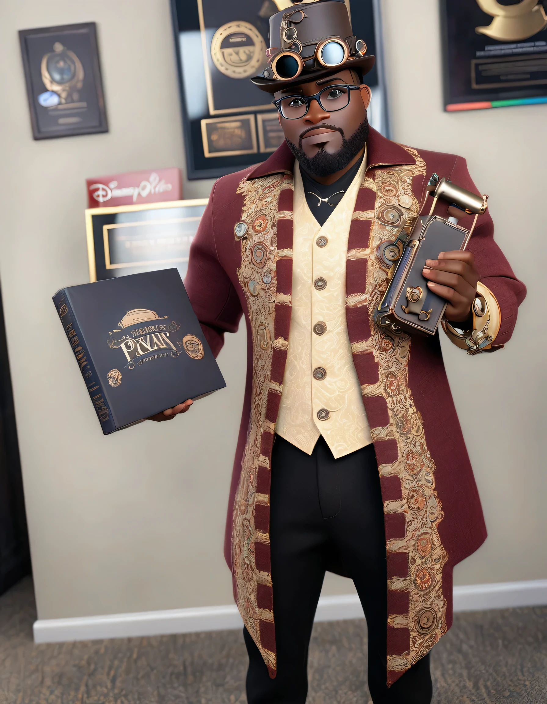 handsome black man, slim face, steampunk hat, glasses, slim body, disney, pixar, (Pixar style), Disney style, (masterpiece:1.2), (best quality) (detailed skin) (detailed texture) (8k) (cinematic lighting) (sharp focus)