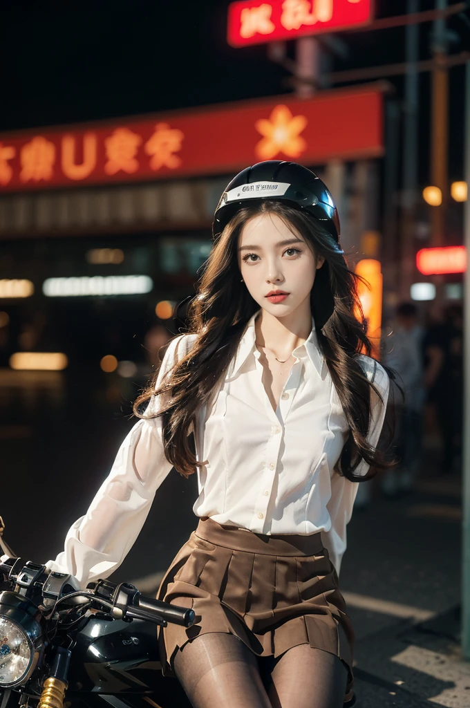 (((best quality))),(((ultra detailed))),(((masterpiece))),illustration,(1 beautiful girl,solo),((slim,thin)),((small breasts,flat chest)),(safety helmet:1.3),shoulder length straight bob hair,slender legs,cyberpunk, urban street,high school student, JK outfit,(riding on a motorcycle:1.3), sleek, (white collared short-sleeved shirt:1.3),(gloves:1.2),(red checkered pleated skirt:1.3),(pantyhose:1.3), stylish boots, confidence, determination, dark streets,neon lights, skyscrapers, urban noises, traffic, sirens, city sounds, futuristic, dystopian society, technology, fashion, explosive cocktail, style, , modernity, attitude, spirit, anything is possible,((from front,upper body))