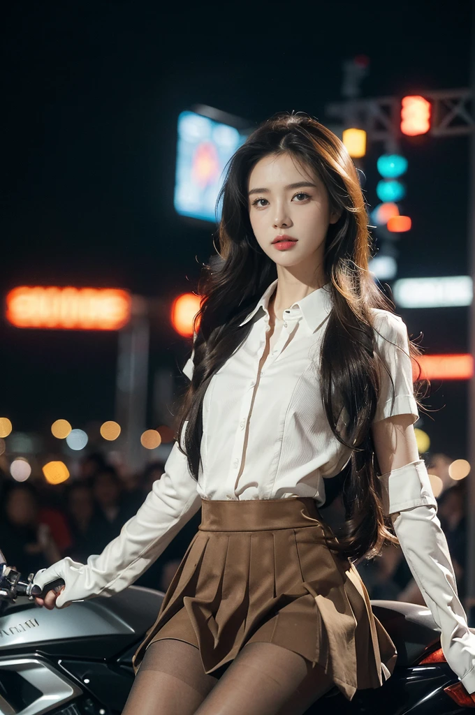 (((best quality))),(((ultra detailed))),(((masterpiece))),illustration,(1 beautiful girl,solo),((slim,thin)),((small breasts,flat chest)),(safety helmet:1.3),shoulder length straight bob hair,slender legs,cyberpunk, urban street,high school student, JK outfit,(riding on a motorcycle:1.3), sleek, (white collared short-sleeved shirt:1.3),(gloves:1.2),(red checkered pleated skirt:1.3),(pantyhose:1.3), stylish boots, confidence, determination, dark streets,neon lights, skyscrapers, urban noises, traffic, sirens, city sounds, futuristic, dystopian society, technology, fashion, explosive cocktail, style, , modernity, attitude, spirit, anything is possible,((from front,upper body))