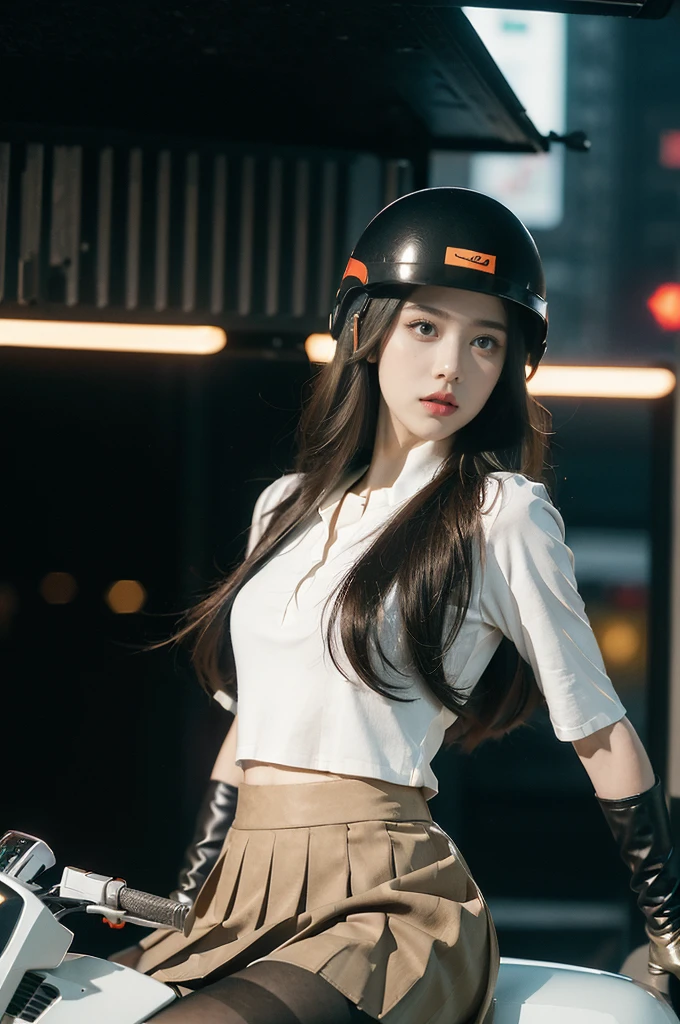 (((best quality))),(((ultra detailed))),(((masterpiece))),illustration,(1 beautiful girl,solo),((slim,thin)),((small breasts,flat chest)),(safety helmet:1.3),shoulder length straight bob hair,slender legs,cyberpunk, urban street,high school student, JK outfit,(riding on a motorcycle:1.3), sleek, (white collared short-sleeved shirt:1.3),(gloves:1.2),(red checkered pleated skirt:1.3),(pantyhose:1.3), stylish boots, confidence, determination, dark streets,neon lights, skyscrapers, urban noises, traffic, sirens, city sounds, futuristic, dystopian society, technology, fashion, explosive cocktail, style, , modernity, attitude, spirit, anything is possible,((from front,upper body))