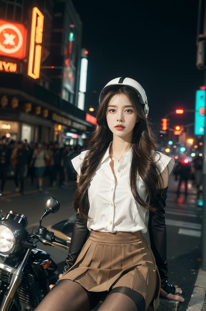 (((best quality))),(((ultra detailed))),(((masterpiece))),illustration,(1 beautiful girl,solo),((slim,thin)),((small breasts,flat chest)),(safety helmet:1.3),shoulder length straight bob hair,slender legs,cyberpunk, urban street,high school student, JK outfit,(riding on a motorcycle:1.3), sleek, (white collared short-sleeved shirt:1.3),(gloves:1.2),(red checkered pleated skirt:1.3),(pantyhose:1.3), stylish boots, confidence, determination, dark streets,neon lights, skyscrapers, urban noises, traffic, sirens, city sounds, futuristic, dystopian society, technology, fashion, explosive cocktail, style, , modernity, attitude, spirit, anything is possible,((from front,upper body))
