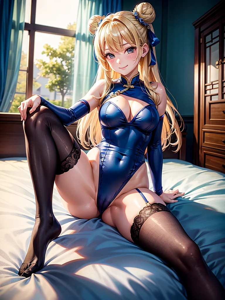 Highest Resolution,Highest quality,１A beautiful girl in a Chinese leotard,smile,Bun Hair,Bedroom,bed,High leg,Blonde,Knee-high stockings,