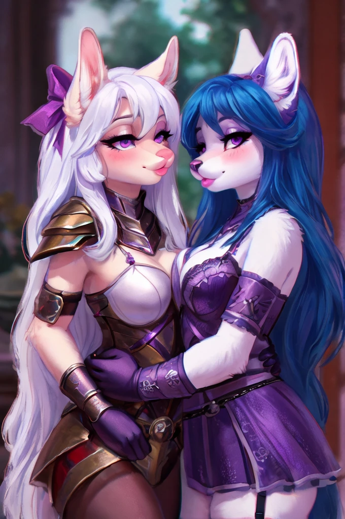(furryart:1.0), furry, anthro, drawing, painting, 2girls, armor, blue hair, blurry, blurry background, blush, chromatic aberration, gloves, hair between eyes, hair ribbon, highres, long hair, looking at another, multiple girls, parted lips, pauldrons, purple ribbon, ribbon, shoulder armor, sketch, vambraces, violet eyes, white gloves, white hair, yuri, sexy pose, seductive, flirting, sexy lingerie, sexy stockings