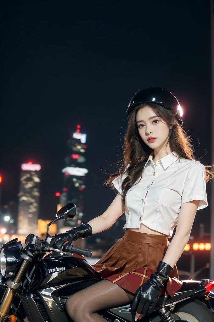 (((best quality))),(((ultra detailed))),(((masterpiece))),illustration,(1 beautiful girl,solo),((slim,thin)),((small breasts,flat chest)),(safety helmet:1.3),shoulder length straight bob hair,slender legs,cyberpunk, urban street,high school student, JK outfit,(riding on a motorcycle:1.3), sleek, (white collared short-sleeved shirt:1.3),(gloves:1.2),(red checkered pleated skirt:1.3),(pantyhose:1.3), stylish boots, confidence, determination, dark streets,neon lights, skyscrapers, urban noises, traffic, sirens, city sounds, futuristic, dystopian society, technology, fashion, explosive cocktail, style, , modernity, attitude, spirit, anything is possible,((from front,upper body))