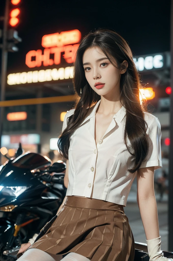 (((best quality))),(((ultra detailed))),(((masterpiece))),illustration,(1 beautiful girl,solo),((slim,thin)),((small breasts,flat chest)),(safety helmet:1.3),shoulder length straight bob hair,slender legs,cyberpunk, urban street,high school student, JK outfit,(riding on a motorcycle:1.3), sleek, (white collared short-sleeved shirt:1.3),(gloves:1.2),(red checkered pleated skirt:1.3),(pantyhose:1.3), stylish boots, confidence, determination, dark streets,neon lights, skyscrapers, urban noises, traffic, sirens, city sounds, futuristic, dystopian society, technology, fashion, explosive cocktail, style, , modernity, attitude, spirit, anything is possible,((from front,upper body))