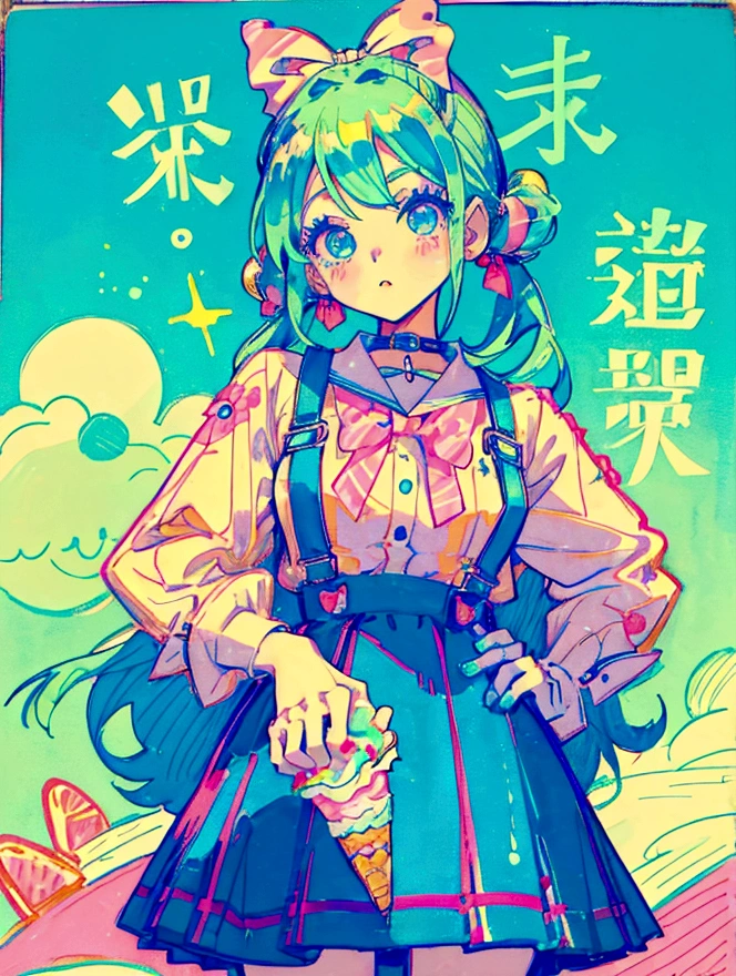 A cute girl，Anime art style，Head close-up，Big eyes with long eyelashes，Hair tied at the back，The big bow is decorated with colorful plaid，She&#39;s in a retro dessert shop with a vintage neon sign，Holding ice cream，Surrounded by colorful desserts poster。She has blue eyes and fair skin.。She was wearing a green suspender skirt，A bow is tied around the neck。Bright colors，Strong contrast，Kawaii punk aesthetic
