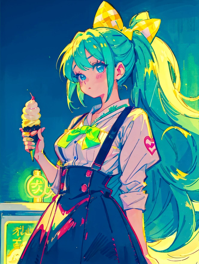 A cute girl，Anime art style，Head close-up，Big eyes with long eyelashes，Hair tied at the back，The big bow is decorated with colorful plaid，She&#39;s in a retro dessert shop with a vintage neon sign，Holding ice cream，Surrounded by colorful desserts poster。She has blue eyes and fair skin.。She was wearing a green suspender skirt，A bow is tied around the neck。Bright colors，Strong contrast，Kawaii punk aesthetic