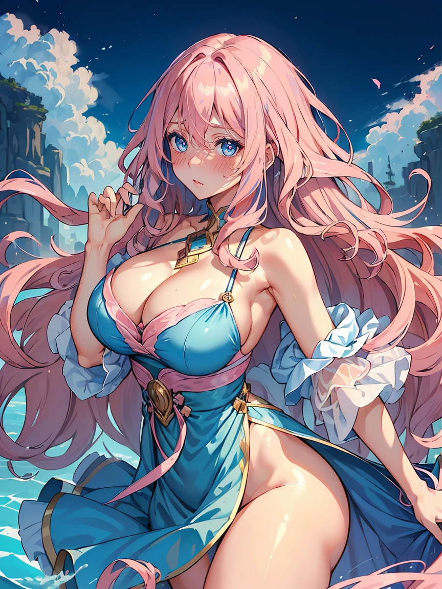 handsome girl，blue-eyes，blue pupils，Long pink hair，Hyperresolution，accuracy，Detailed rendering，（Subtle facial image）（Image of fine hair）（topquality）（Masterpieces of masters）（High degree of completeness）（A sense of atmosphere）tmasterpiece，Super detailed and super detailed（half-body portrait), long wavy pink hair, , in water, (((tHICK WAVY HAIR)))(((ANKLE LENGTH HAIR)))(((Blushing)))(((Huge breasts)))(((LARGER BREASTS))) large breasts, bigger breasts (((Bigger breasts))) (((Blushing))) (((Sakimichan))) (((Pink hair))) (((cute outfit)))(((Casual outfit)))