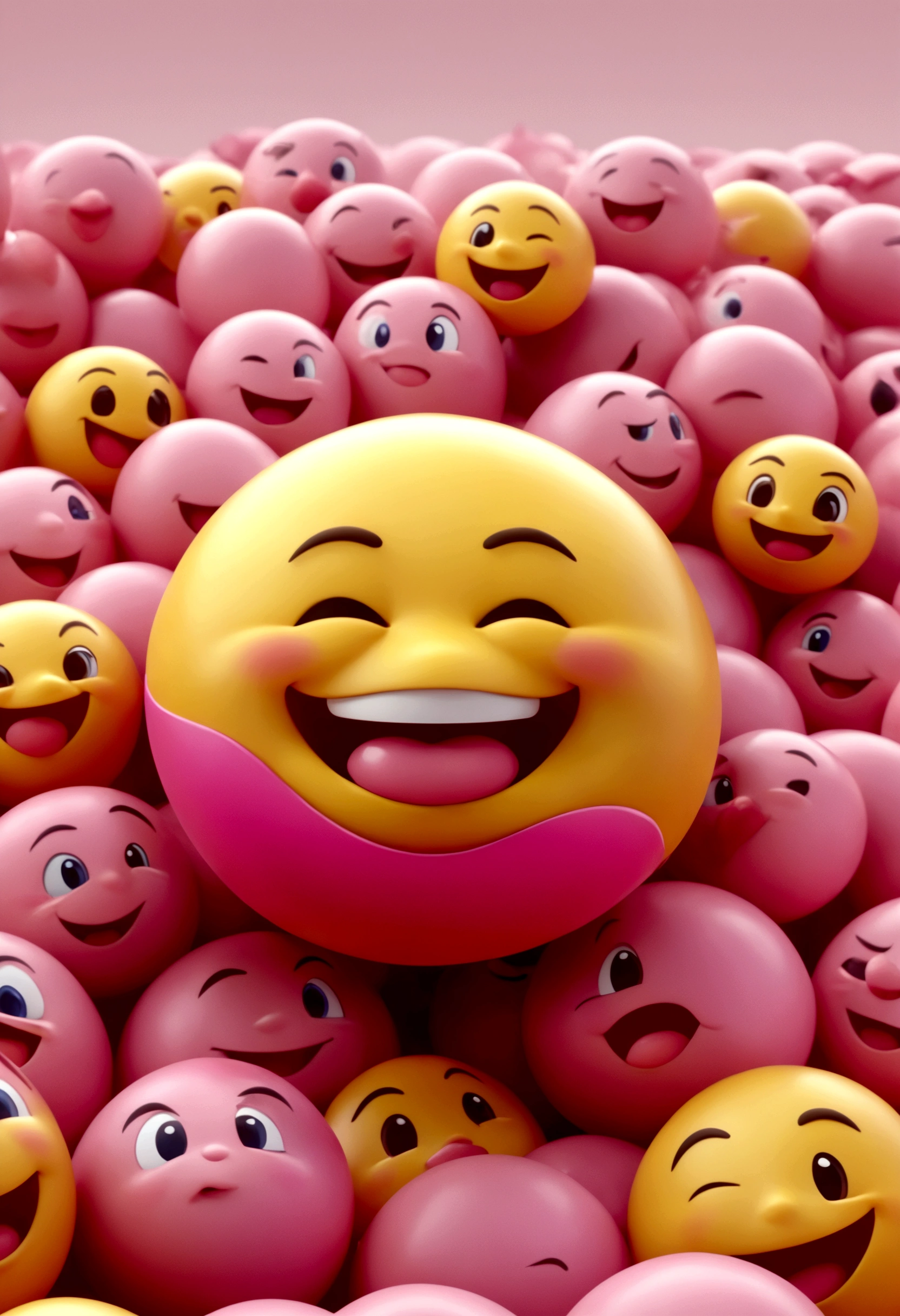 C4D,Q version,Pink dream emoji,frown,Grin,expression,thick lips,Yellow face,Close-up,Backlight,Lying in a pile of tiny pink emojis