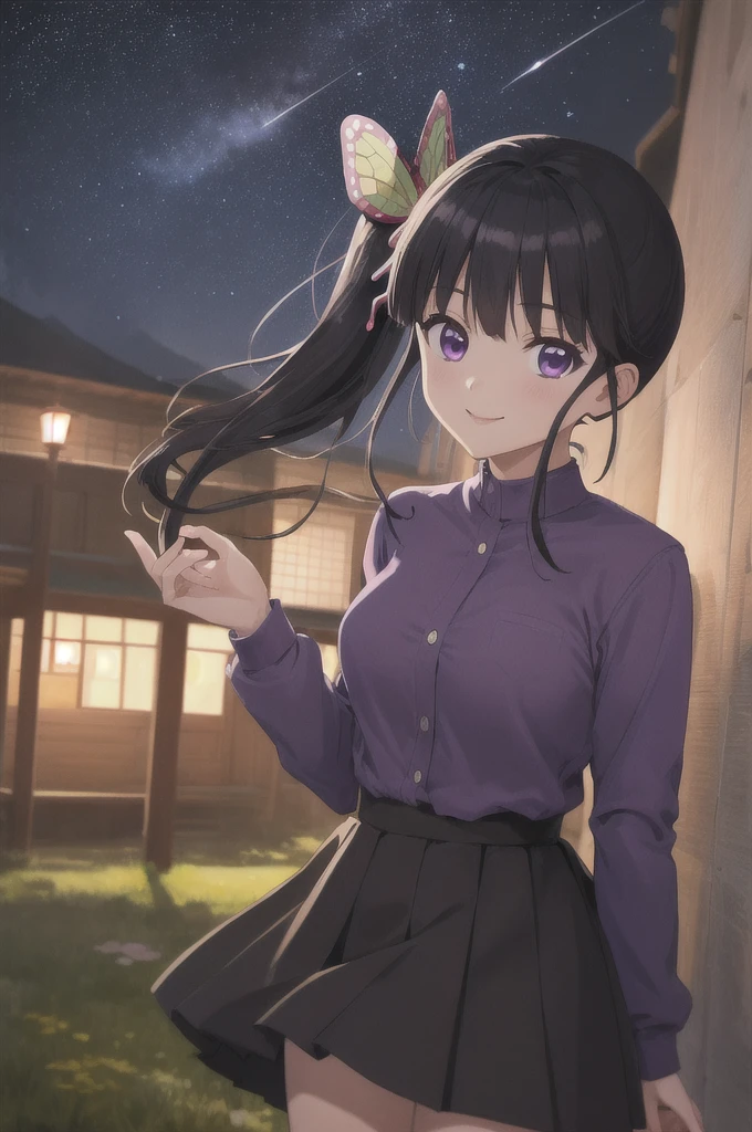 (masterpiece:1.3), (best quality:1.1), (8k, ultra detailed, ultra high res:1.2), ((anime style)), perfect 5 fingers, perfect anatomy,
1girl,
Kanao Tsuyuri,
BREAK long hair, side ponytail,
black hair,
purple eyes,
butterfly hair ornament,
(medium breasts:0.9),
BREAK (purple shirt:1,2), pleated purple skirt, long sleeves,
smile,
looking at viewer,
cowboy shot,
perfect light,
outdoors, forest, field, (night time, night sky, starry sky:1.2),