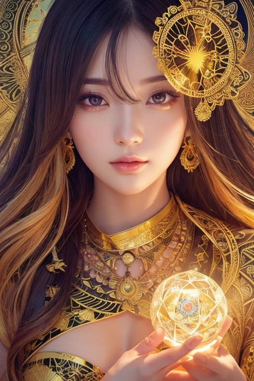 (masterpiece, Highest quality, Highest quality, Official Art, beautiful and aesthetic:1.2), (One girl), Very detailed,colorful,Most detailed, Official Art, unity 8k wallpaper, Super detailed, beautiful and aesthetic, beautiful, masterpiece, Highest quality, (zenTangle, Mandala, Tangle, enTangle) 、,Gold foil,Gold leaf art,Sparkly Painting, Perfect NwsjMajic、Has a large crystal、Amaterasu Omikami、()、fortune teller、Love Advice、Golden Room、 information