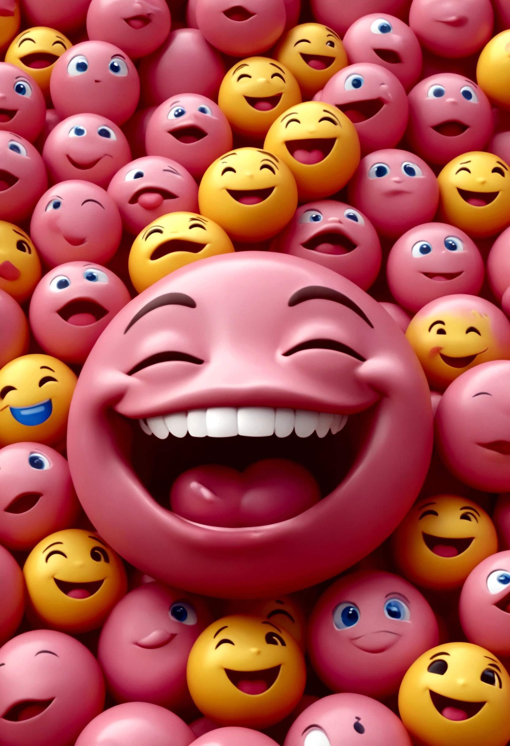 C4D,Q version,Pink dream emoji,frown,Grin,expression,thick lips,Yellow face,Close-up,Backlight,Lying in a pile of tiny pink emojis