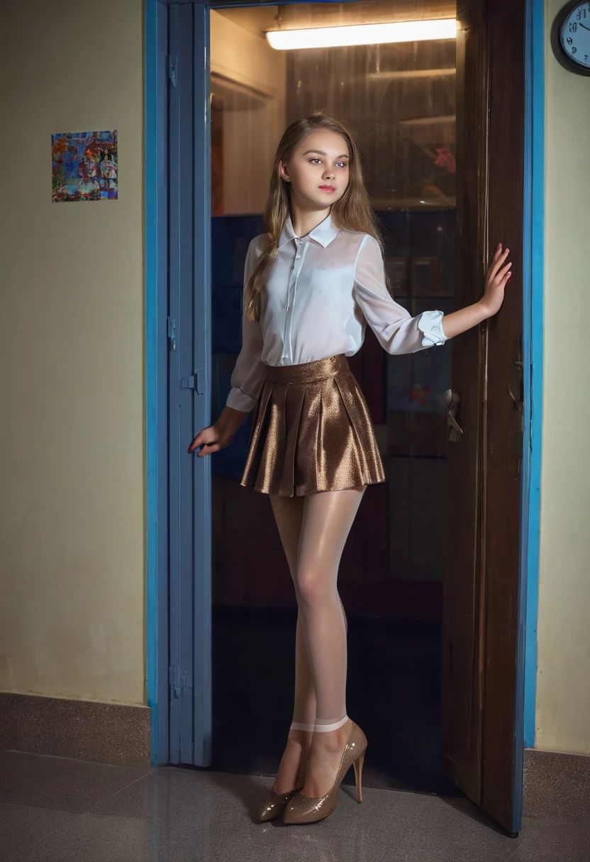  girl Russian in classroom at night. .  outfit, skirt blouse. Shiny shining  transparent clear nude pantyhose. High heels,, she flirted with your, she stands, open door