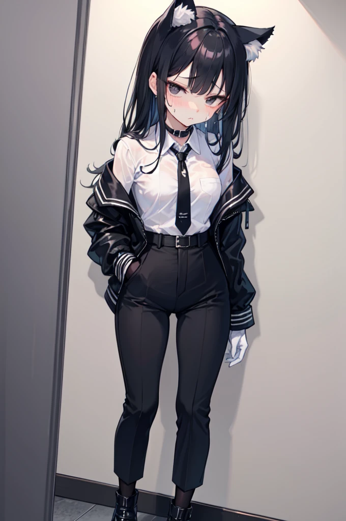 18-year-old girl，cute，Wear a white long-sleeved shirt and a black jacket and a black work tie，Wear black trousers，Wear black booties，Wear white gloves，wear cat ear，Wearing a collar，Black hair，Black eyes，Very thin waist，Very thin legs，Handsome，Disdainful and cold expression，shy，blush，scared，Sweating，tired，Outflow semen，Is giving  assault，crying，pornography,porn action