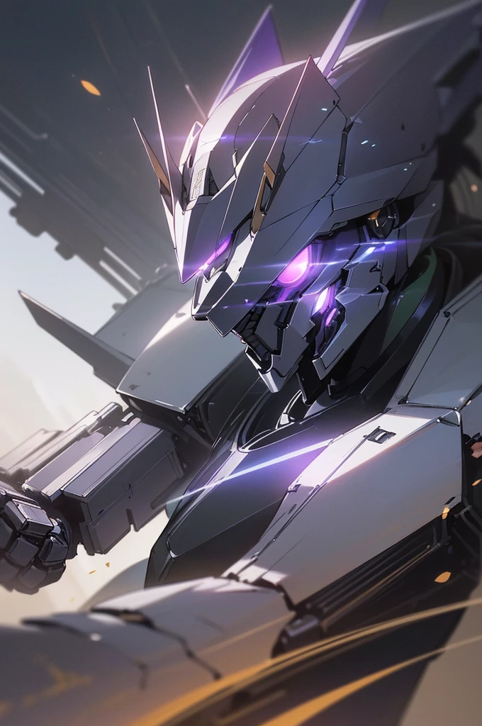 {masterpiece, distinct_image, extremely detailed CG, (extremely detailed fine touch:1.2),action manga, monochrome, sketch,ink splashing, (natural light, sun light, light rays, dappled light, ray tracing:1.2), glitter, purple_light, (glow_black_upper_body, front_light:1.3), {1mecha, fist_focus, upper_body, dynamic angle, standing, fighting stance, attack, punching, clenched hand},{(black_colored_upper_body_machine armor, mecha head, Very Huge Mechanical Gauntlets:1.3), (purple_glowing_eye:1.2) , no_holding_weapon}}