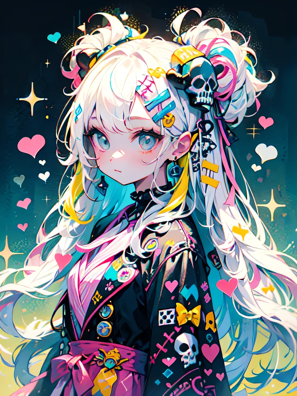 "cute, beautiful, Adorable girl wearing pink clothes, yellow, and baby blue color scheme. She is wearing a costume with a SKULL motif inspired by a female pirate.。.... her costume is fluffy and soft, Comes with decorative accessories such as hair clips. Embodying the vibrant and modern Harajuku fashion style。."