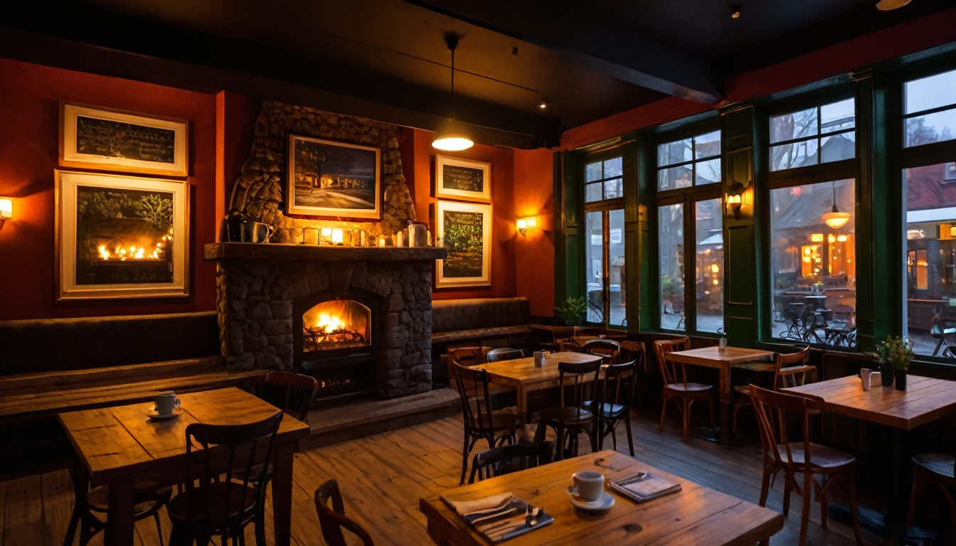 at night a cozy coffeeshop with a lot of tables, a big window in the center and a fireplace