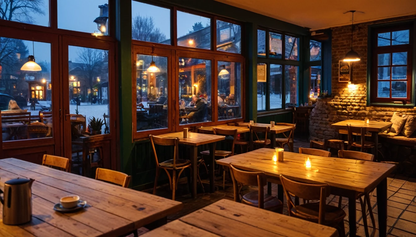 at night a cozy coffeeshop with a lot of tables, a big window in the center and a fireplace
