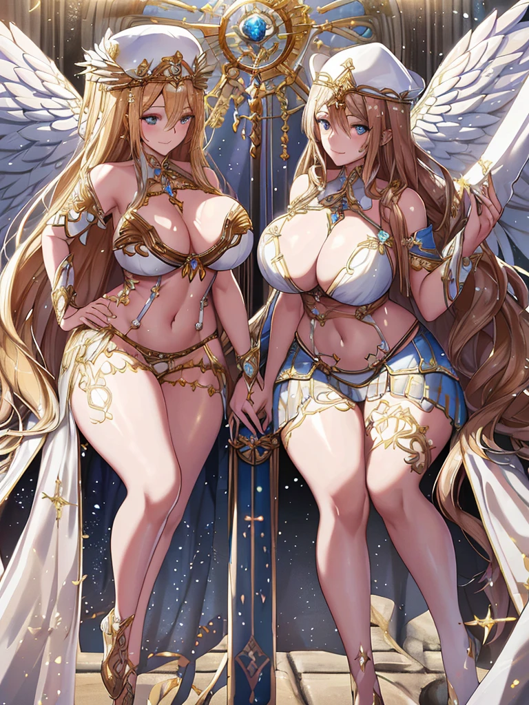 Priestessess,Valkyrie,Angel Wings,belly button,Side bust,Complex,Particles of light,Thighs,Shiny skin, Perfect lighting, One girl,  View your viewers,Winged hat,Pelvic Curtain, smile,(masterpiece), (Highest quality), Very large breasts, maternal, Porcelain-like skin, Honey Blonde Hair, Very long hair, Wavy Hair