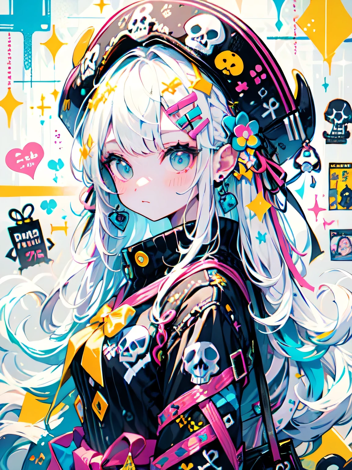 "cute, beautiful, Adorable girl wearing pink clothes, yellow, and baby blue color scheme. She is wearing a costume with a SKULL motif inspired by a female pirate.。.... her costume is fluffy and soft, Comes with decorative accessories such as hair clips. Embodying the vibrant and modern Harajuku fashion style。."