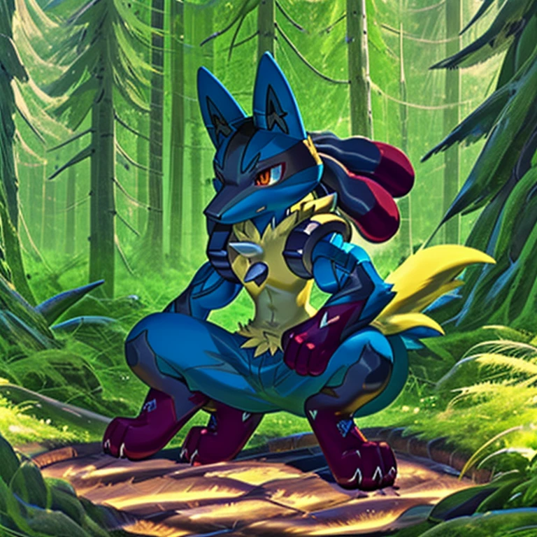 solo, kemono, (mega Lucario), red and yellow fur, anthro, male, tail, muscles, handsome, heroic, outdoors, outside, toe claws, epic, depth of field, perfect lighting, (light particleest quality),(masterpiece),(ultra detailed),sharp focus,light particles, sitting, suggestive. gigantic muscles