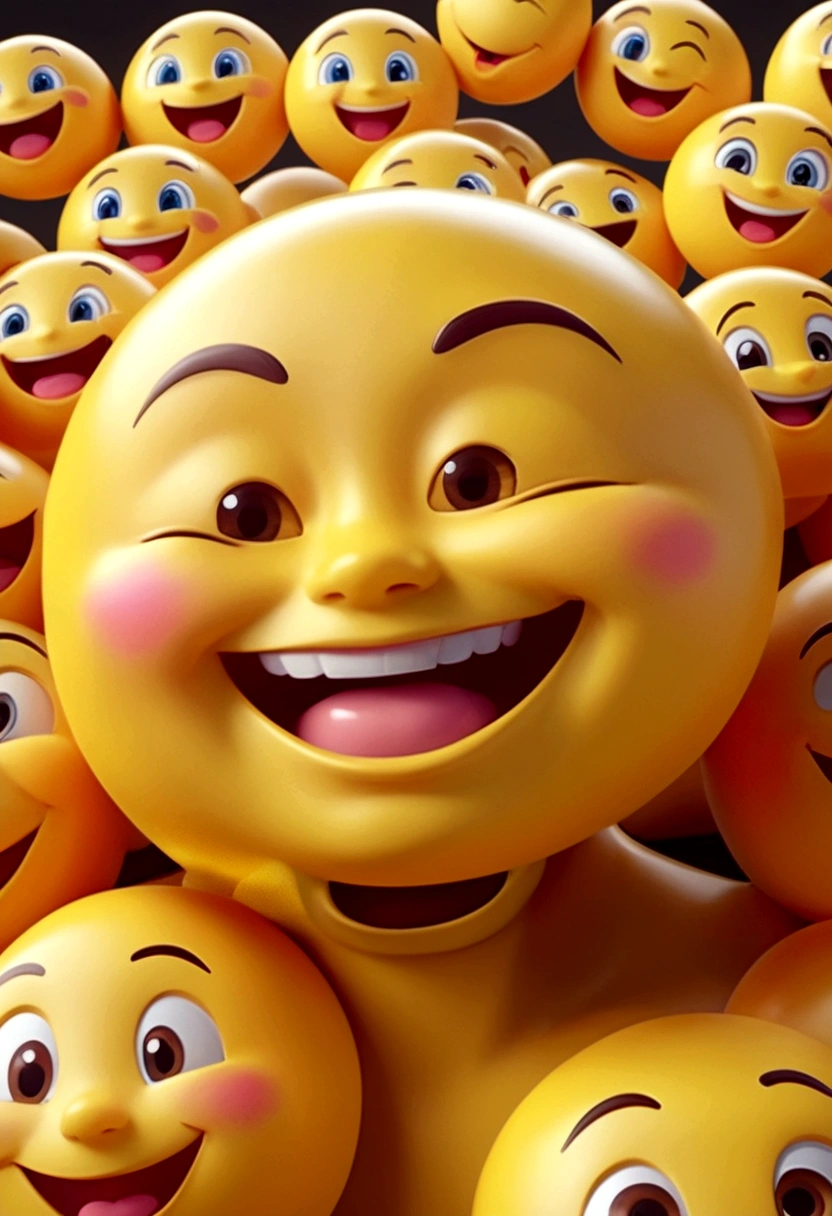 C4D,Q version,emoji,Grin,expression,thick lips,Yellow face,Close-up,Backlight,A bunch of small emojis