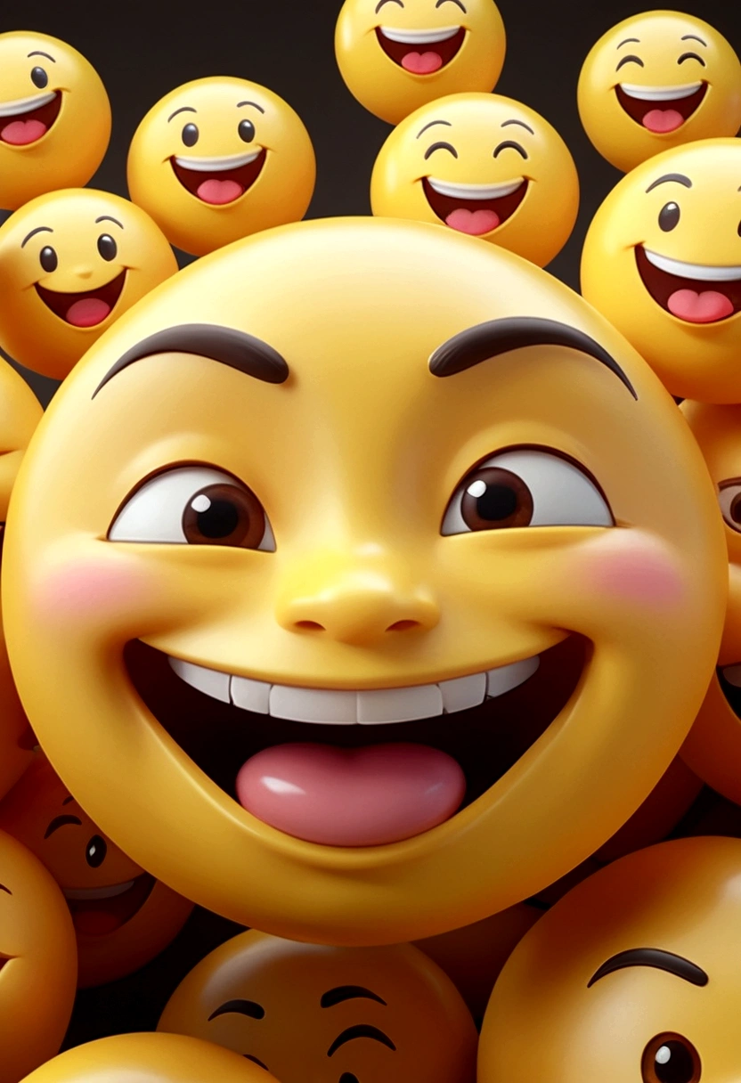 C4D，Q version，emoji，Grin，expression，thick lips，Yellow face，Close-up，Backlight，A bunch of small emojis