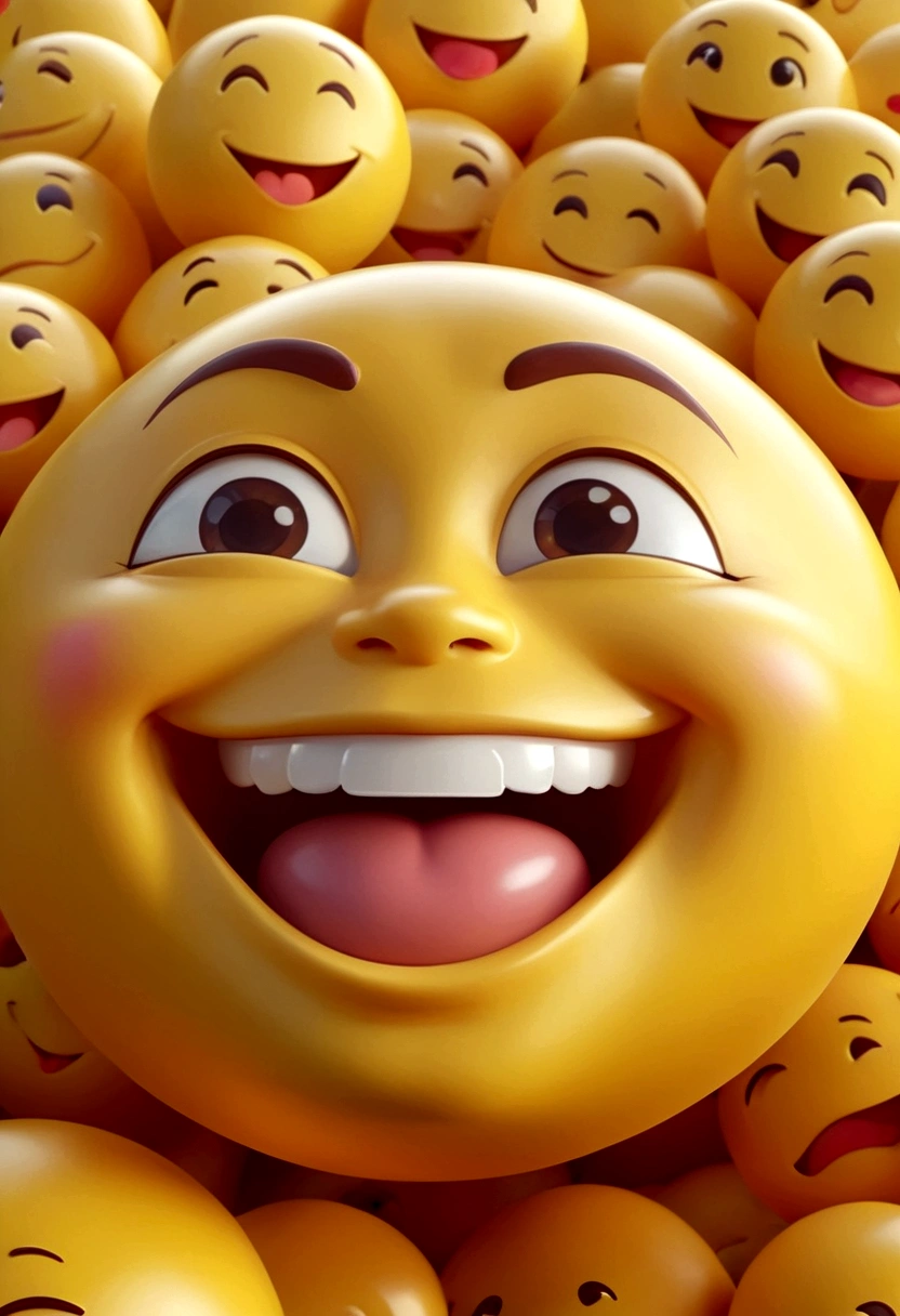 C4D，Q version，emoji，Grin，expression，thick lips，Yellow face，Close-up，Backlight，A bunch of small emojis