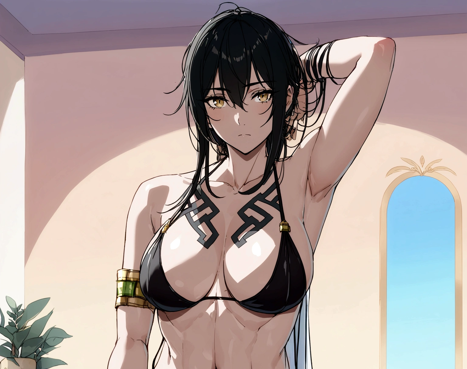 1 person、woman、adult、sexy、cool、Very large breasts、Expressionless、Black Swimsuit