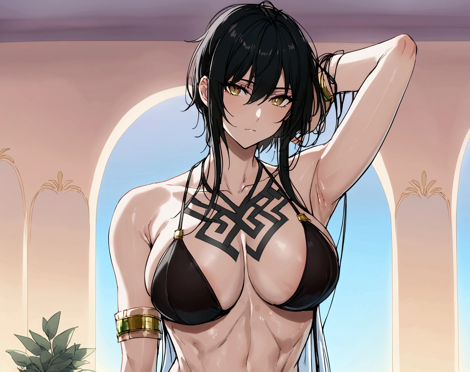1 person、woman、adult、y、cool、Very large brepressionless、Black Swimsuit