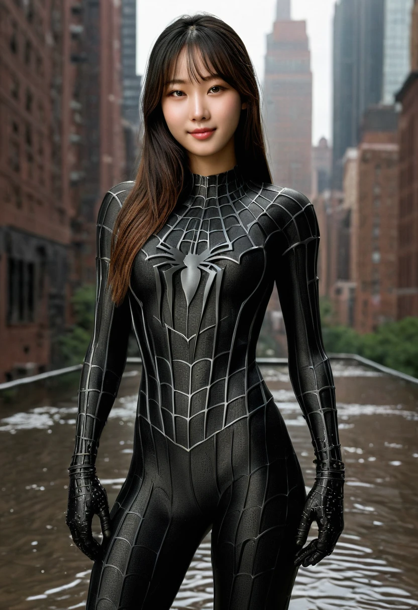 score_9, score_8_up, score_7_up, best quality, realistic, masterpiece, beautiful detail, hyperrealistic, (1girl, woman body, big breast, smile), amazing detailed full body portrait of a beautiful ulzzang girl, wearing a realistic and highly detailed black raimi spider-man suit, ((huge muscular girl)), professional model wears ultra - detailed black raimi spider - man suit, ultra - detailed and grained black raimi spiderman suit, suit covered entire body and hand, black spiderman gloves, wet, (cute pose), (full body), (dirty skin), close up, octane render, highly detailed, volumetric, dramatic lighting, (highest quality:1.1), (HDR:1.3), (top quality, best quality), realistic, high definition,