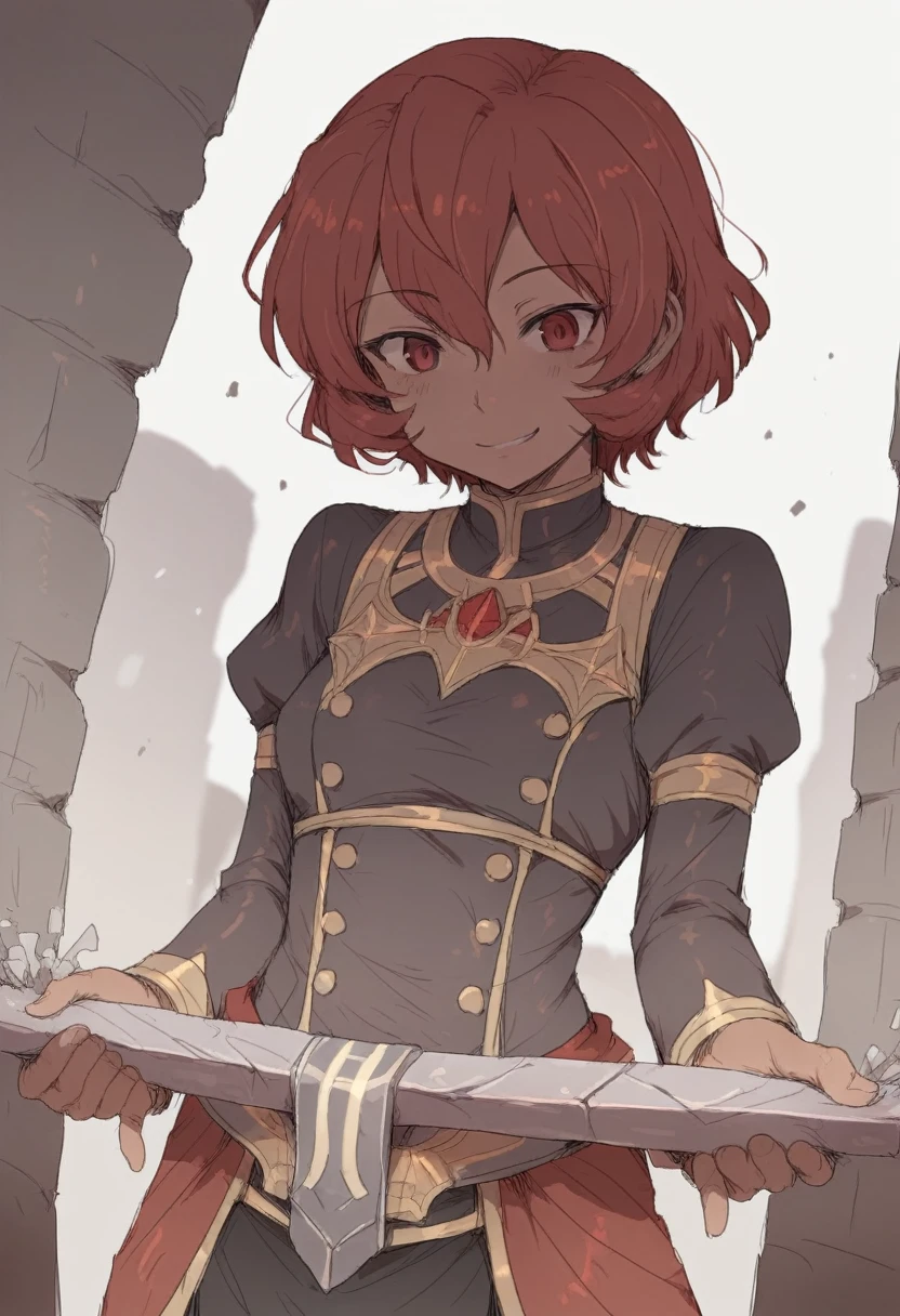 ultra detailed, Masterpiece, Best Quality,
Alone,
soft smile, light smile, cowboy shot,
Hestia, debt, Red hair, Red eyes, orandge skin, short hair, tandk top, mdf_and, Futanari
