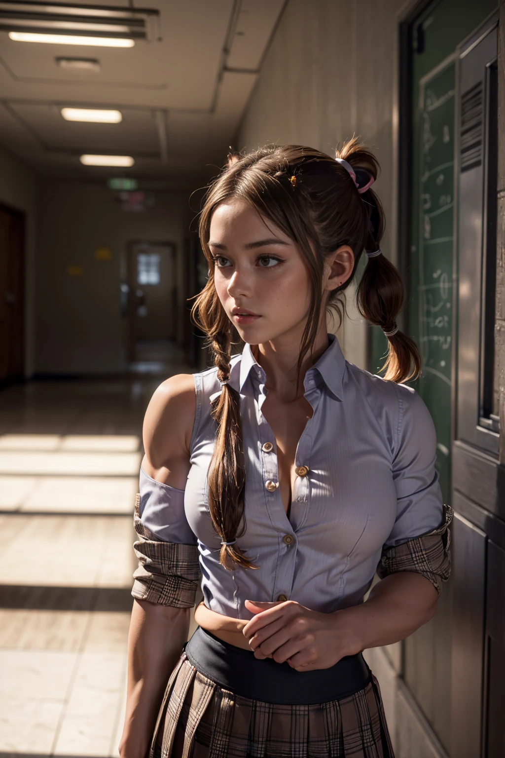 (Muscular:1.9), (thick thighs:1), (cute pigtails hair:1.5), (large muscular chest and shoulders:1.4), FEMALE, brown hair, long brown hair, (big smile:0), (wearing tight button up shirt and skirt:1.5), looking at viewer, (three quarter view:1.3), upper body view, (school hallway:1.5), dark lighting, detailed skin, detailed eyes, (dark skin:1), (very thin waist:1.2), (huge round muscles:1.5), (one protagonist:1.6),