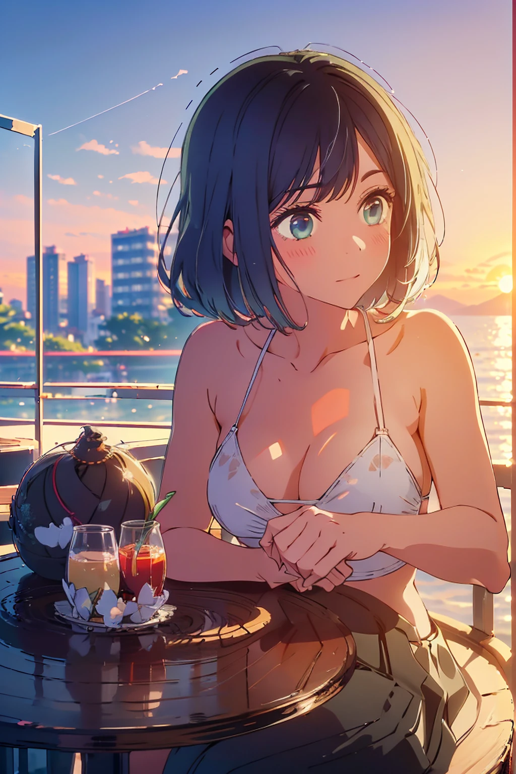 (Highest quality:1.4、masterpiece:1.4、Super detailed:1.4、8K:1.4)、F cup bust、Big Breasts、Slim body、((((1 person、Surprised expression、sit、In the background are the urban buildings of Tokyo、looking at the camera、Outdoor café terrace、Sunset Beach、Navy hair color、Shooting from the side、juice、table、sunset、Very cute face))))、(Cheek resting on hand:1.4）、((nude、Areola、bikini size too small))、A completely cloudless sky、Big eyes、((((Shallow depth of field))))