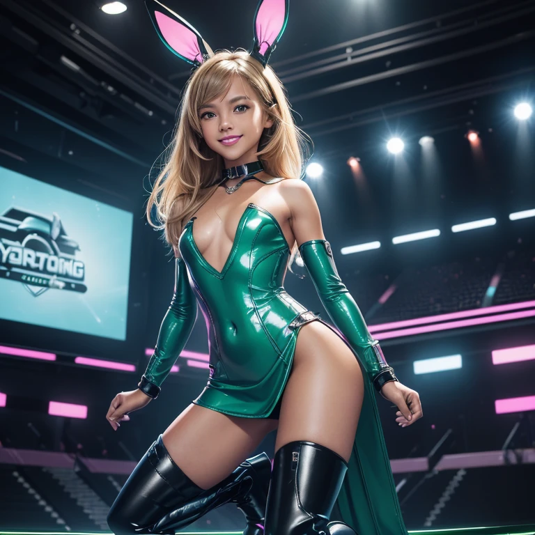 (masterpiece), (best quality), (high res) Solo, (perfect anatomy young girl (), tanned brown skin, light blonde hair (shoulder length), green eyes, (skin tight idol outfit), (blue high heels boots), (shirt), (super tight mini skirt), smiling, (((flat chest))), in a futuristic stage setting with a green light, cyberpunk, cyber suit, best anime 4k, cybersuits, singing to a big crowd of people, dog collar, pink lipstick, rabbit ears