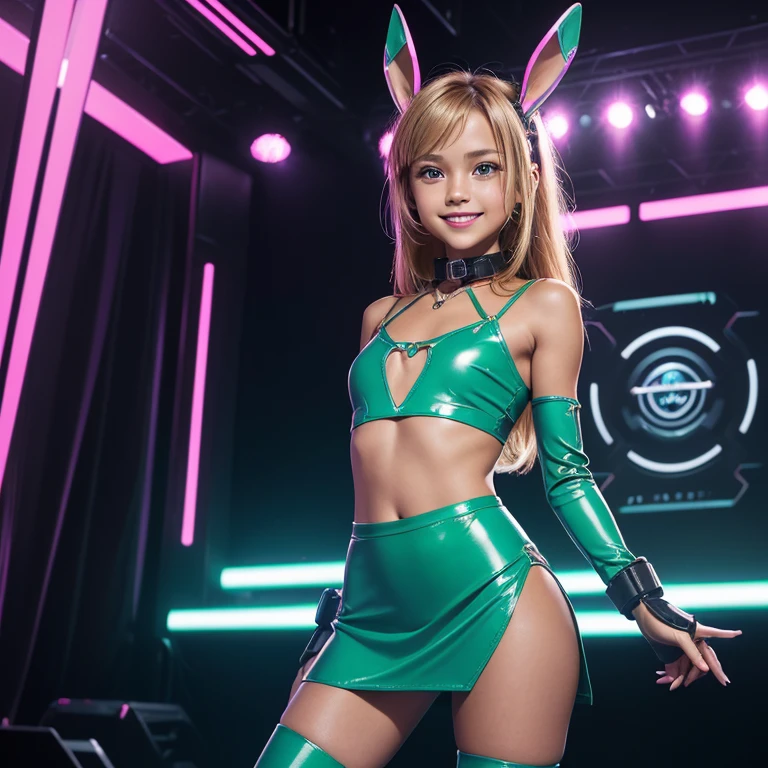 (masterpiece), (best quality), (high res) Solo, (perfect anatomy young girl (10 years old), tanned brown skin, light blonde hair (shoulder length), green eyes, (skin tight idol outfit), (blue high heels boots), (shirt), (super tight mini skirt), smiling, (((flat chest))), in a futuristic stage setting with a green light, cyberpunk, cyber suit, best anime 4k, cybersuits, singing to a big crowd of people, dog collar, pink lipstick, rabbit ears