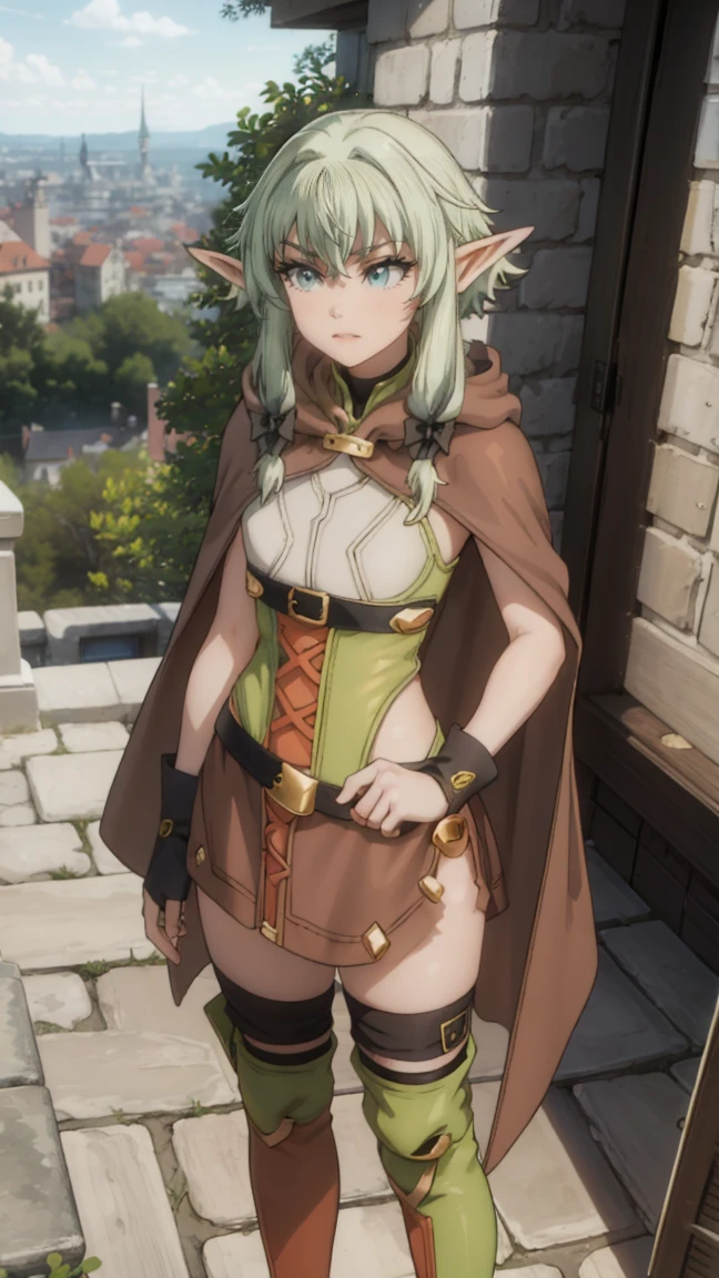 1 girl,20 years, Portrait of a girl, face accent, One,happy face,black and gold long dress,middle, archery, holding a bow and arrow in his hands, green cloak and hood, elf archer from Goblin Slayer, White hair, sexy figure, very beautiful, erotica, long hair,yellow eyes,Elf Ears, black small horns,white tights,Detailed long boots,golden tiara,Luxurious gold jewelry,(((standing on the porch of the castle)))