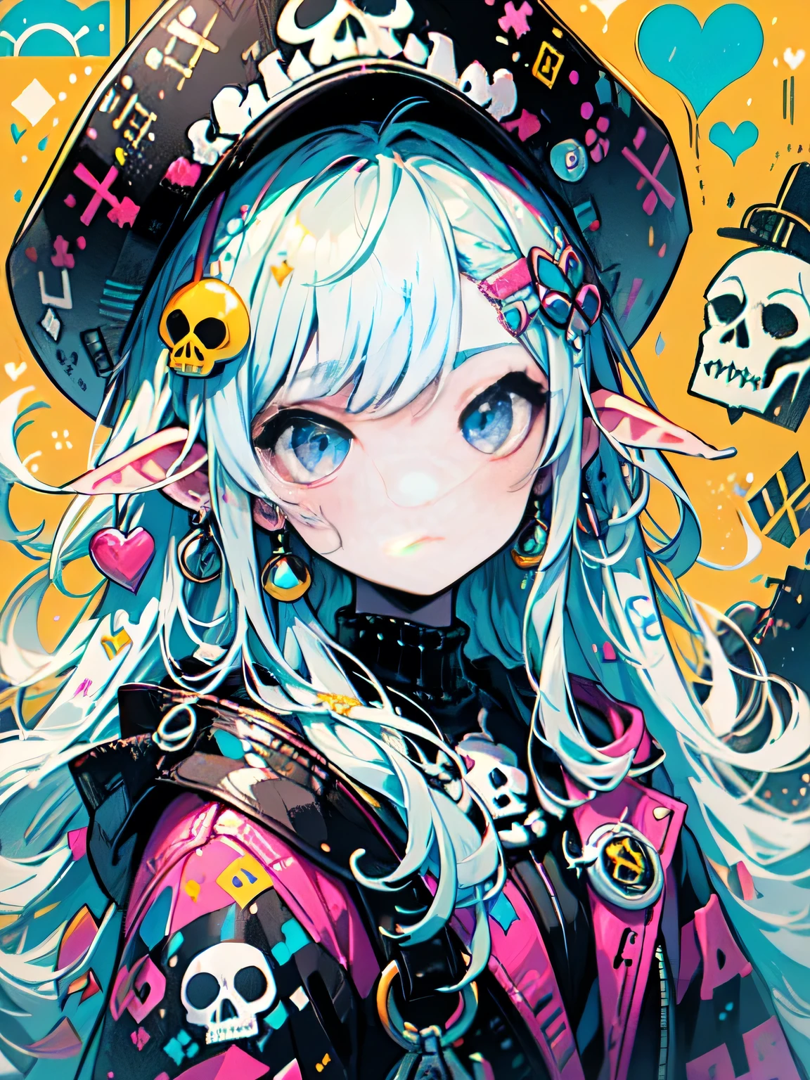 estilo akira toriyama、"bonitinho, lindo, Adorable girl wearing pink clothes, Amarelo, and baby blue color scheme. She is wearing a costume with a SKULL motif inspired by a female pirate..。.。.。.。.。.。.... Fashion hats, pedra、Comes with decorative accessories, como grampos de cabelo. Incorporando o vibrante e moderno estilo de moda Harajuku。."