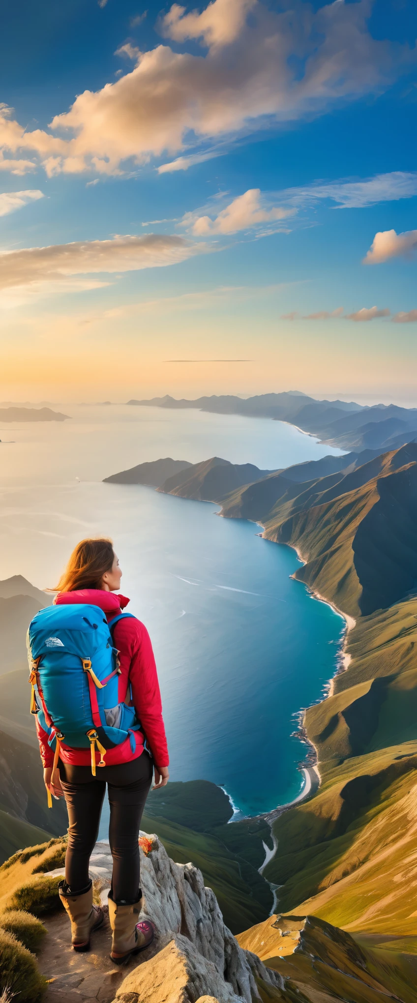 Highest quality,(masterpiece:1.2),Ultra-high resolution,RAW color photos,8K,Vast landscape photography,Realistic photos,Elaborate photos,Middle-aged women,Mountaineering,Back view,(Outdoor clothing),(Large backpack),(From below,Woman standing on top of mountain,Gazing out at the vast ocean below),Beautiful sky,Beautiful sea,horizon,Depth of written boundary,Wide Light,Low Contrast,Backlight,Sharp focus,Vibrant colors,Dynamic composition