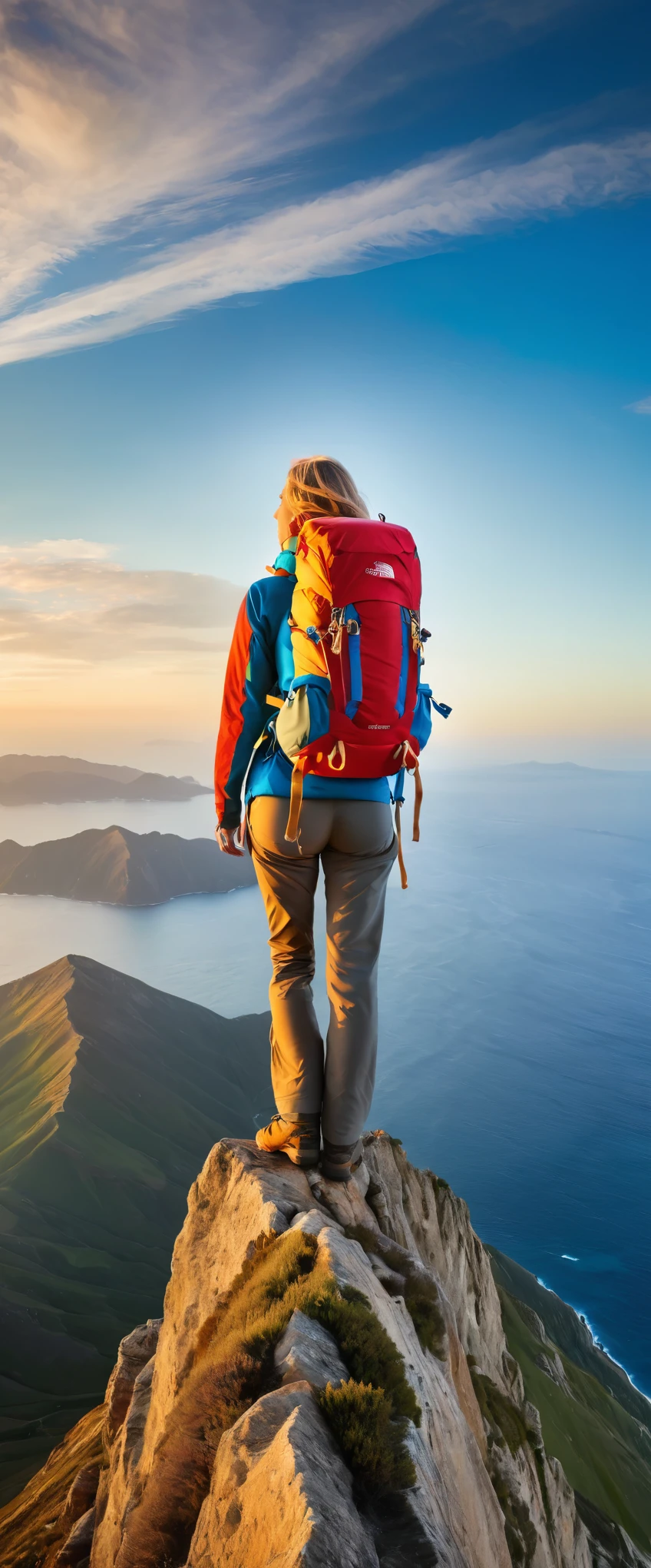 Highest quality,(masterpiece:1.2),Ultra-high resolution,RAW color photos,8K,Vast landscape photography,Realistic photos,Elaborate photos,Middle-aged women,Mountaineering,Back view,(Outdoor clothing),(Large backpack),(From below,Woman standing on top of mountain,Gazing out at the vast ocean below),Beautiful sky,Beautiful sea,horizon,Depth of written boundary,Wide Light,Low Contrast,Backlight,Sharp focus,Vibrant colors,Dynamic composition