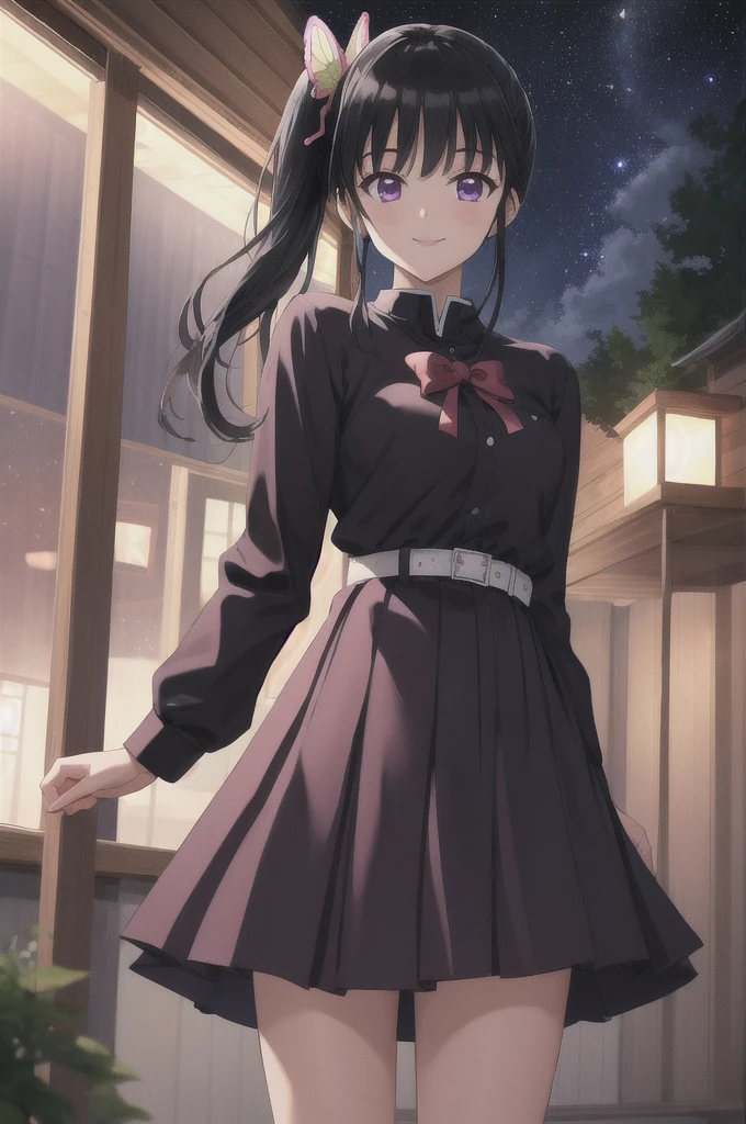 (masterpiece:1.3), (best quality:1.1), (8k, ultra detailed, ultra high res:1.2), ((anime style)), perfect 5 fingers, perfect anatomy,
1girl,
Kanao Tsuyuri,
BREAK long hair, side ponytail,
black hair,
purple eyes,
butterfly hair ornament,
(medium breasts:0.9),
BREAK (purple shirt:1,2), pleated purple skirt, long sleeves,
smile,
looking at viewer,
cowboy shot,
perfect light,
outdoors, forest, field, (night time, night sky, starry sky:1.2),