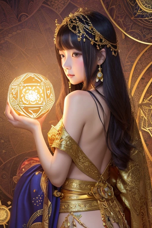 (masterpiece, Highest quality, Highest quality, Official Art, beautiful and aesthetic:1.2), (One girl), Very detailed,colorful,Most detailed, Official Art, unity 8k wallpaper, Super detailed, beautiful and aesthetic, beautiful, masterpiece, Highest quality, (zenTangle, Mandala, Tangle, enTangle) 、,Gold foil,Gold leaf art,Sparkly Painting, Perfect NwsjMajic、Has a large crystal、Amaterasu Omikami、（naked）、fortune teller、Love Advice、Golden Room、 information