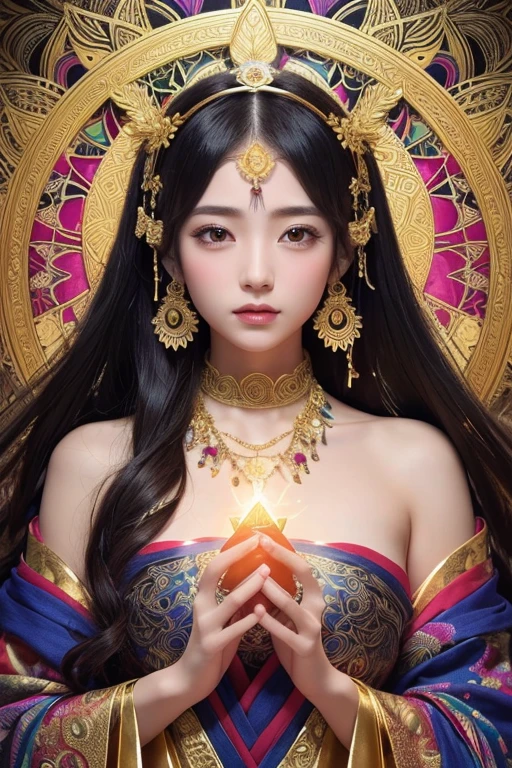 (masterpiece, Highest quality, Highest quality, Official Art, beautiful and aesthetic:1.2), (One girl), Very detailed,colorful,Most detailed, Official Art, unity 8k wallpaper, Super detailed, beautiful and aesthetic, beautiful, masterpiece, Highest quality, (zenTangle, Mandala, Tangle, enTangle) 、,Gold foil,Gold leaf art,Sparkly Painting, Perfect NwsjMajic、Has a large crystal、Amaterasu Omikami、(naked)、fortune teller、Love Advice、Golden Room、 information
