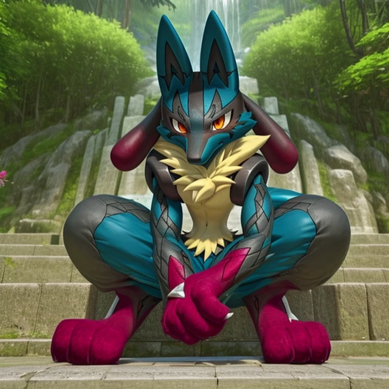 solo, kemono, (mega Lucario), red and yellow fur, anthro, male, tail, muscles, handsome, heroic, outdoors, outside, toe claws, epic, depth of field, perfect lighting, (light particleest quality),(masterpiece),(ultra detailed),sharp focus,light particles, sitting, suggestive