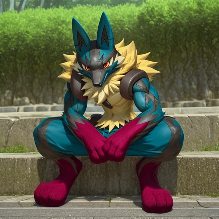 solo, kemono, (mega Lucario), red and yellow fur, anthro, male, tail, muscles, handsome, heroic, outdoors, outside, toe claws, epic, depth of field, perfect lighting, (light particleest quality),(masterpiece),(ultra detailed),sharp focus,light particles, sitting, suggestive