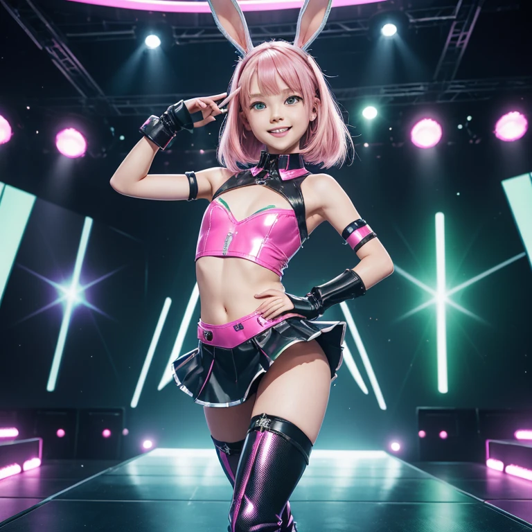 (masterpiece), (best quality), (high res) Solo, (perfect anatomy), (young girl (), fair skin, pink hair (shoulder length), green eyes, (bunny ears) (skin tight idol outfit), (blue high heels boots), (shirt), (super tight mini skirt), smiling, (((flat chest))), in a futuristic stage setting with a green light, cyberpunk, cyber suit, best anime 4k, cybersuits, singing to a big crowd of people