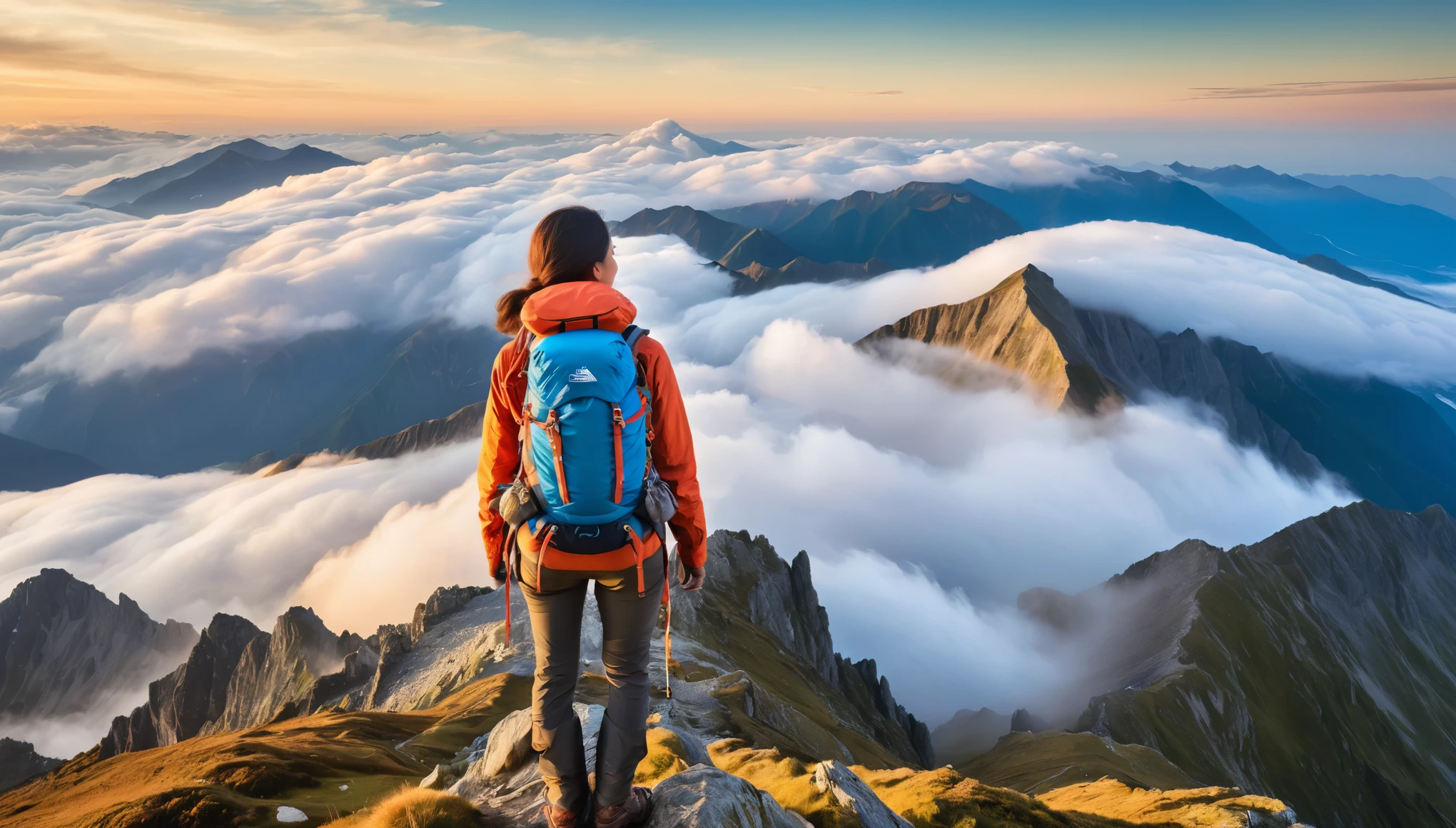 Highest quality,(masterpiece:1.2),(Ultra-high resolution),(Super detailed),RAW color photos,8K,wallpaper,Vast landscape photography,Middle-aged women,Realistic photos,Elaborate photos,Mountaineering,Back view,(Outdoor clothing),(Large backpack),(From above,Woman standing on top of mountain,眼下に広がるsea of cloudsを見つめる),Big Mountain々,Beautiful sky,sea of clouds,Depth of written boundary,Wide Light,Low Contrast,Backlight,Sharp focus,Vibrant colors,Dynamic composition
