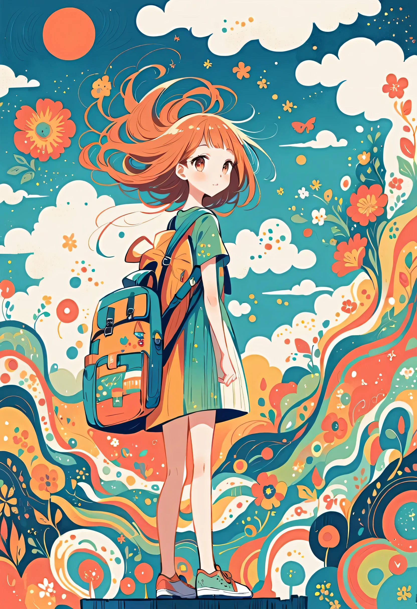Fujichoco style, Standing in front of a high wall,Girl with backpack on rooftop,My backpack is full of happy spring,Simple Line Initialism,Abstract art,Urban Background, (((The most beautiful girl))),